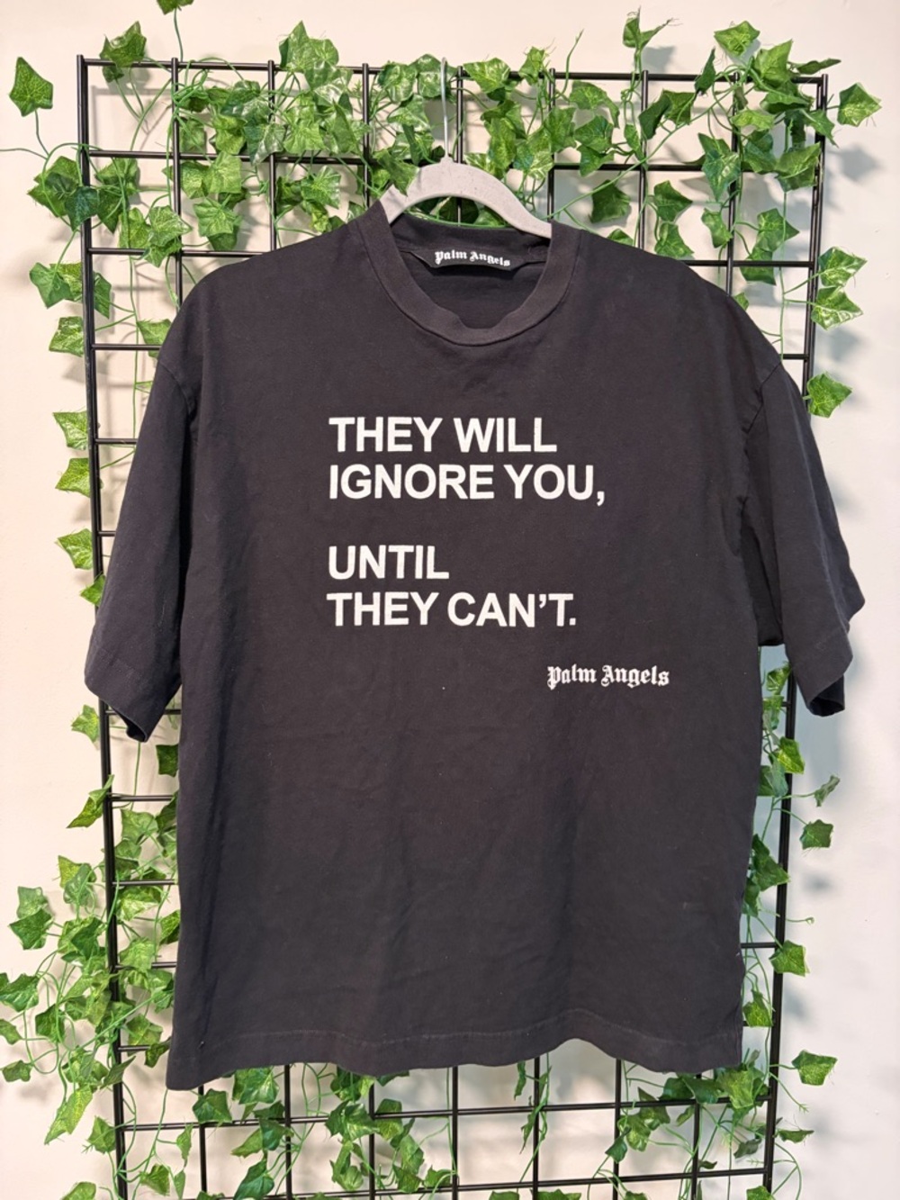 Palm Angels Black Short-Sleeve Graphic Tee with White Text